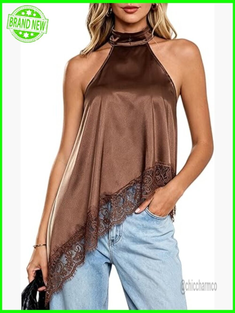 Y2K Satin Halter Tank Top Lace Trim Asymmetrical Hem Cami